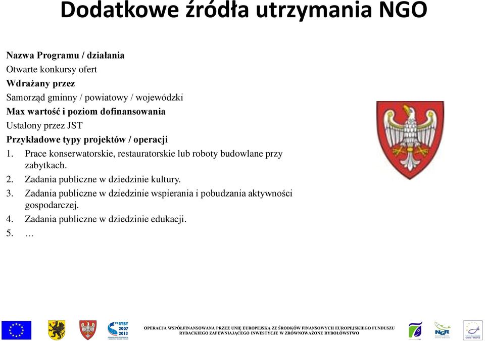 Prace konserwatorskie, restauratorskie lub roboty budowlane przy zabytkach. 2. Zadania publiczne w dziedzinie kultury. 3.