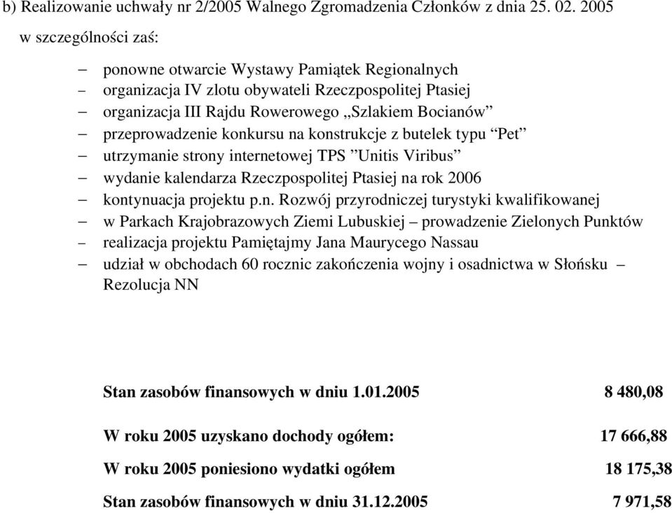 konkursu na konstrukcje z butelek typu Pet utrzymanie strony internetowej TPS Unitis Viribus wydanie kalendarza Rzeczpospolitej Ptasiej na rok 2006 kontynuacja projektu p.n. Rozwój przyrodniczej