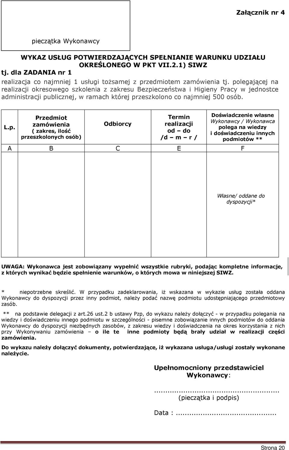 polegającej na realizacji okresowego szkolenia z zakresu Bezpieczeństwa i Higieny Pracy w jednostce administracji publicznej, w ramach której przeszkolono co najmniej 500 osób. L.p. Przedmiot