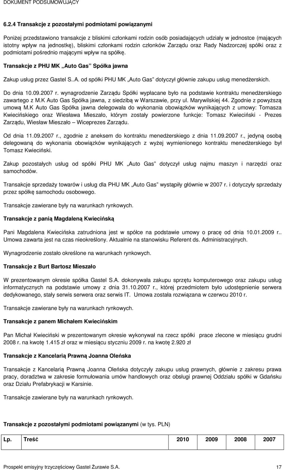 to Gas jawna Zakup usług przez S..A. od spółki PHU MK Auto Gas dotyczył głównie zakupu usług menedżerskich. Do dnia 10.09.2007 r.