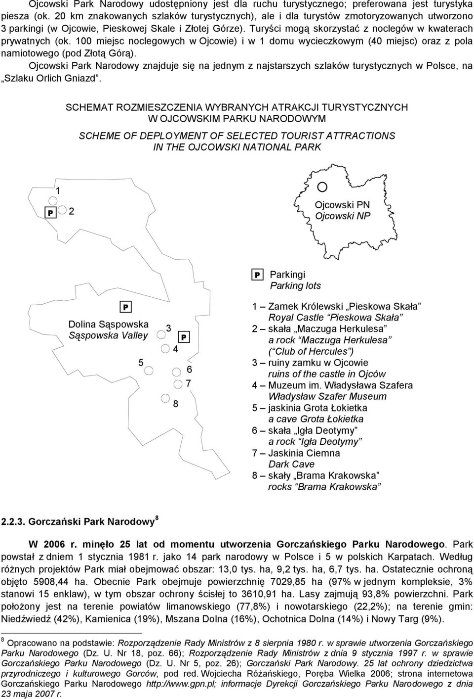 Turyści mogą skorzystać z noclegów w kwaterach prywatnych (ok. 100 miejsc noclegowych w Ojcowie) i w 1 domu wycieczkowym (40 miejsc) oraz z pola namiotowego (pod Złotą Górą).