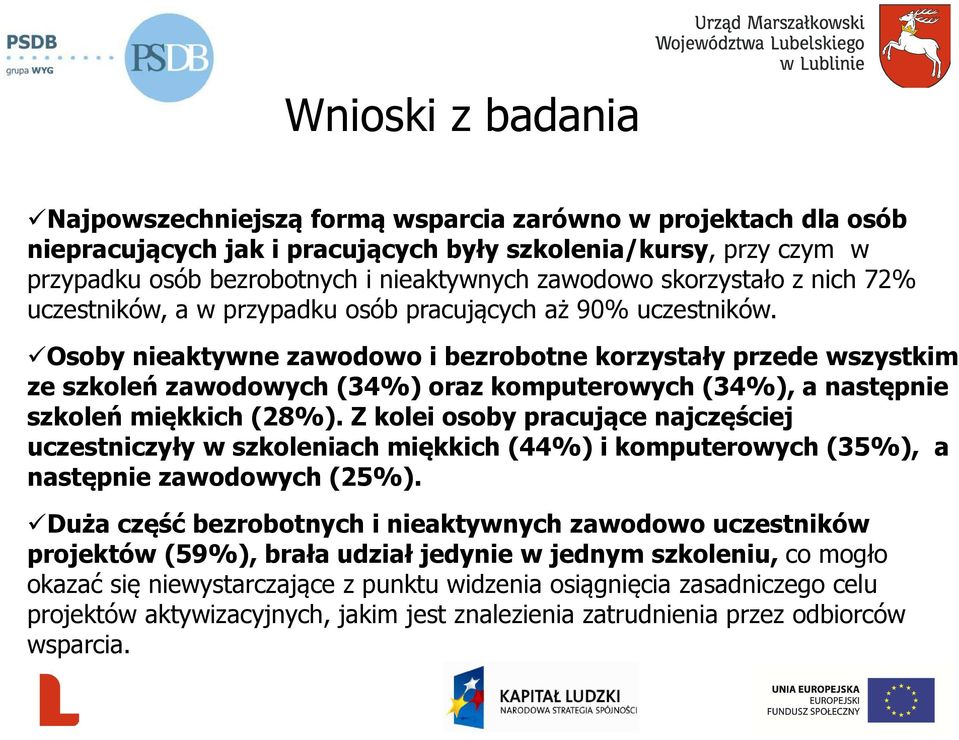 Osoby nieaktywne zawodowo i bezrobotne korzystały przede wszystkim ze szkoleń zawodowych (34%) oraz komputerowych (34%), a następnie szkoleń miękkich (28%).