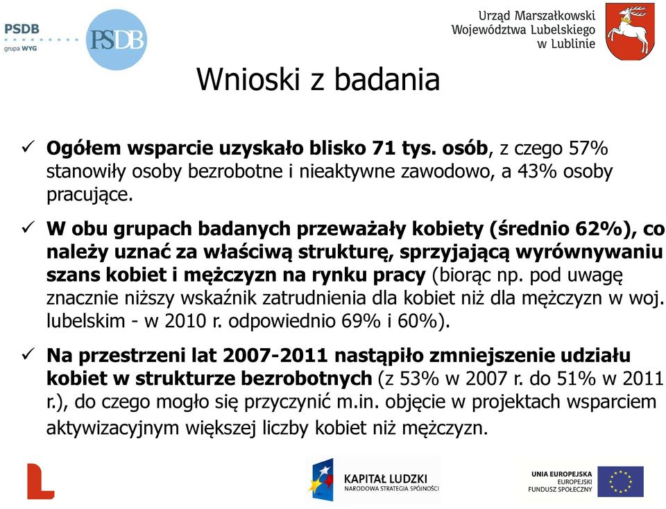 pod uwagę znacznie niższy wskaźnik zatrudnienia dla kobiet niż dla mężczyzn w woj. lubelskim - w 2010 r. odpowiednio 69% i 60%).