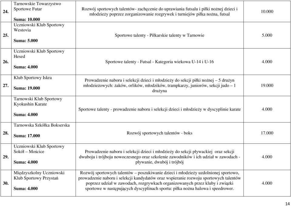 000 Rozwój sportowych talentów- zachęcenie do uprawiania futsalu i piłki nożnej dzieci i młodzieży poprzez zorganizowanie rozgrywek i turniejów piłka nożna, futsal 10.