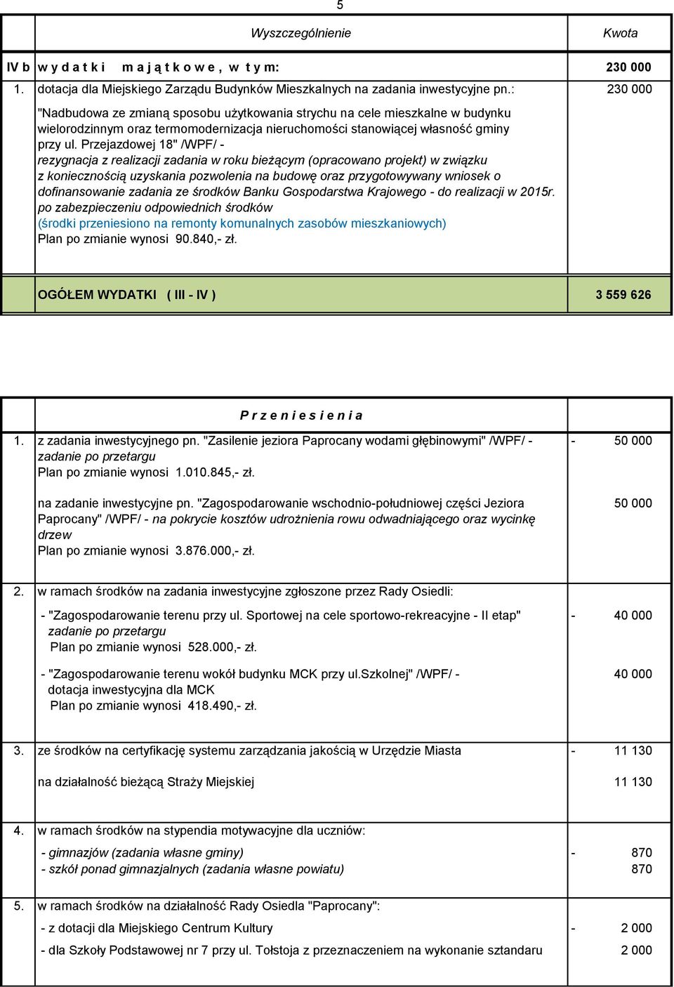 Przejazdowej 18" /WPF/ rezygnacja z realizacji zadania w roku bieżącym (opracowano projekt) w związku z koniecznością uzyskania pozwolenia na budowę oraz przygotowywany wniosek o dofinansowanie