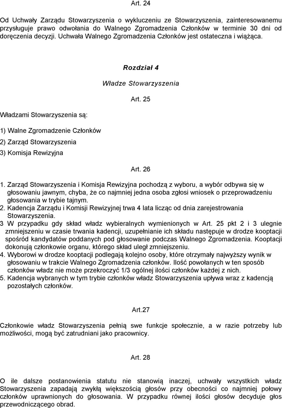 Władzami Stowarzyszenia są: 1) Walne Zgromadzenie Członków 2) Zarząd Stowarzyszenia 3) Komisja Rewizyjna Rozdział 4 Władze Stowarzyszenia Art. 25 Art. 26 1.