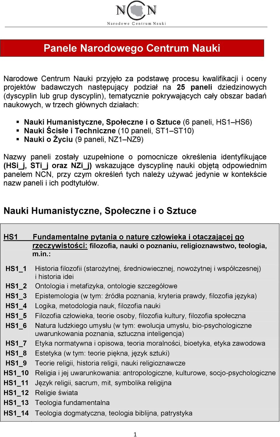 ST10) Nauki o Życiu (9 paneli, NZ1 NZ9) Nazwy paneli zostały uzupełnione o pomocnicze określenia identyfikujące (HSi_j, STi_j oraz NZi_j) wskazujące dyscyplinę nauki objętą odpowiednim panelem NCN,