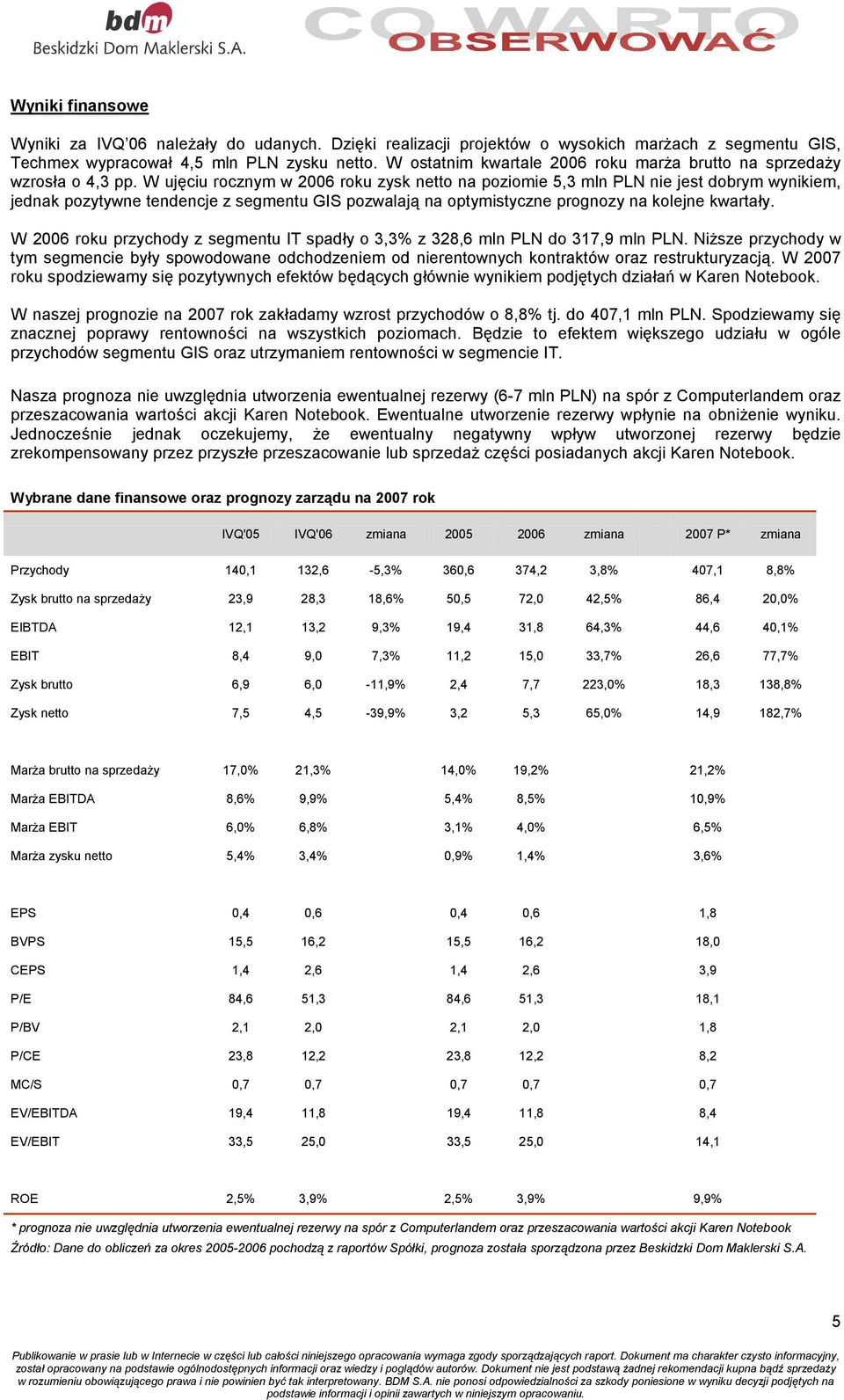 W ujęciu rocznym w 2006 roku zysk netto na poziomie 5,3 mln PLN nie jest dobrym wynikiem, jednak pozytywne tendencje z segmentu GIS pozwalają na optymistyczne prognozy na kolejne kwartały.