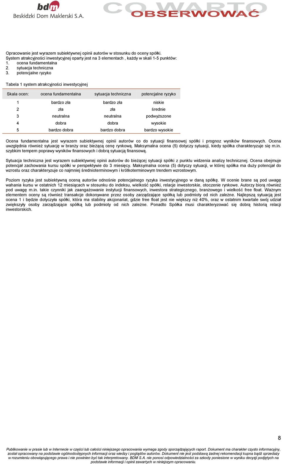 potencjalne ryzyko Tabela 1 system atrakcyjności inwestycyjnej Skala ocen: ocena fundamentalna sytuacja techniczna potencjalne ryzyko 1 bardzo zła bardzo zła niskie 2 zła zła średnie 3 neutralna