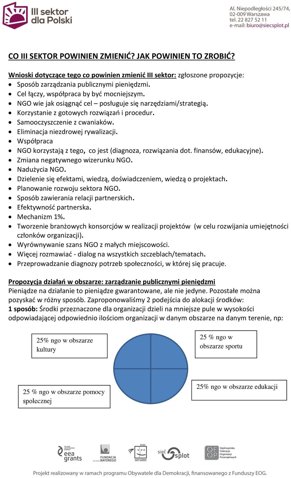 Eliminacja niezdrowej rywalizacji. Współpraca NGO korzystają z tego, co jest (diagnoza, rozwiązania dot. finansów, edukacyjne). Zmiana negatywnego wizerunku NGO. Nadużycia NGO.