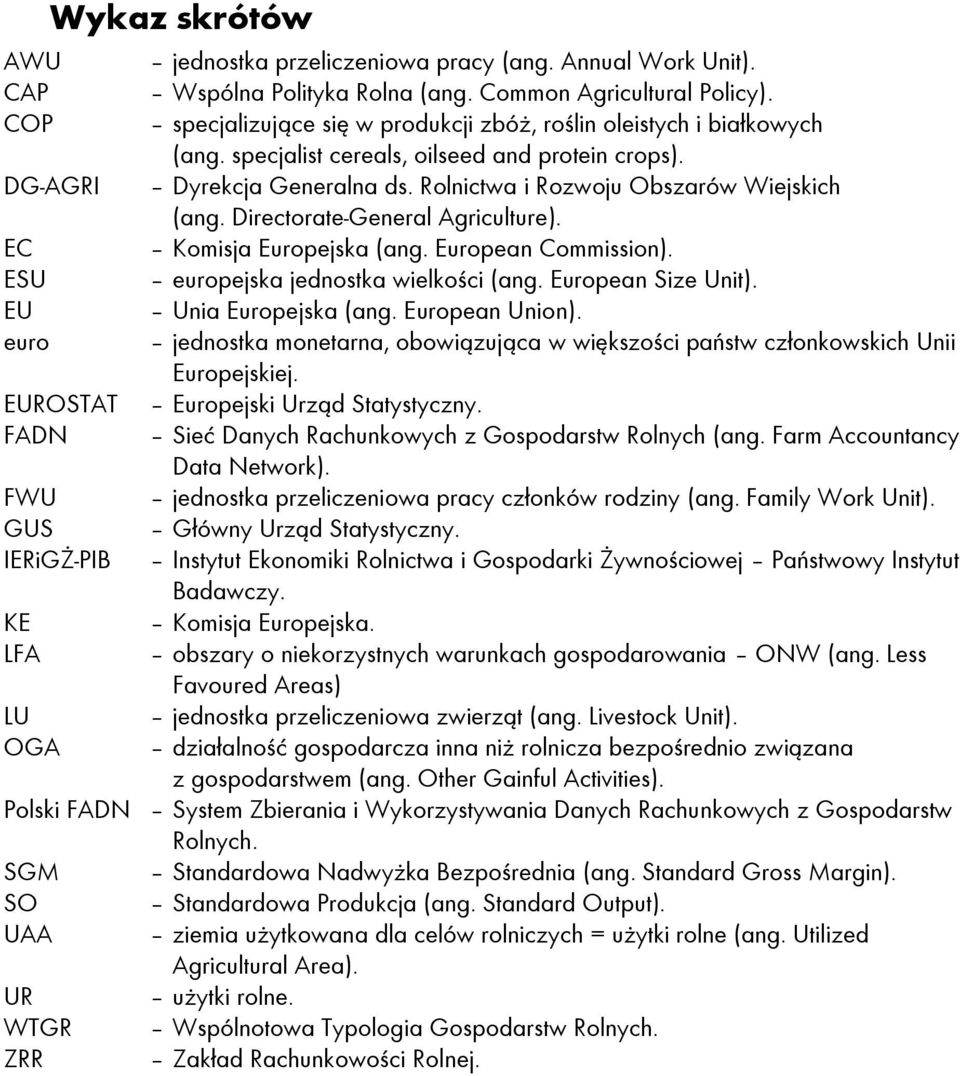 Directorate-General Agriculture). EC Komisja Europejska (ang. European Commission). ESU europejska jednostka wielkości (ang. European Size Unit). EU Unia Europejska (ang. European Union).