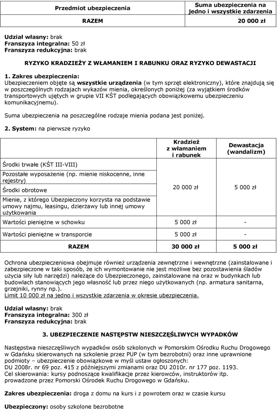 Zakres ubezpieczenia: Ubezpieczeniem objęte są wszystkie urządzenia (w tym sprzęt elektroniczny), które znajdują się w poszczególnych rodzajach wykazów mienia, określonych poniżej (za wyjątkiem