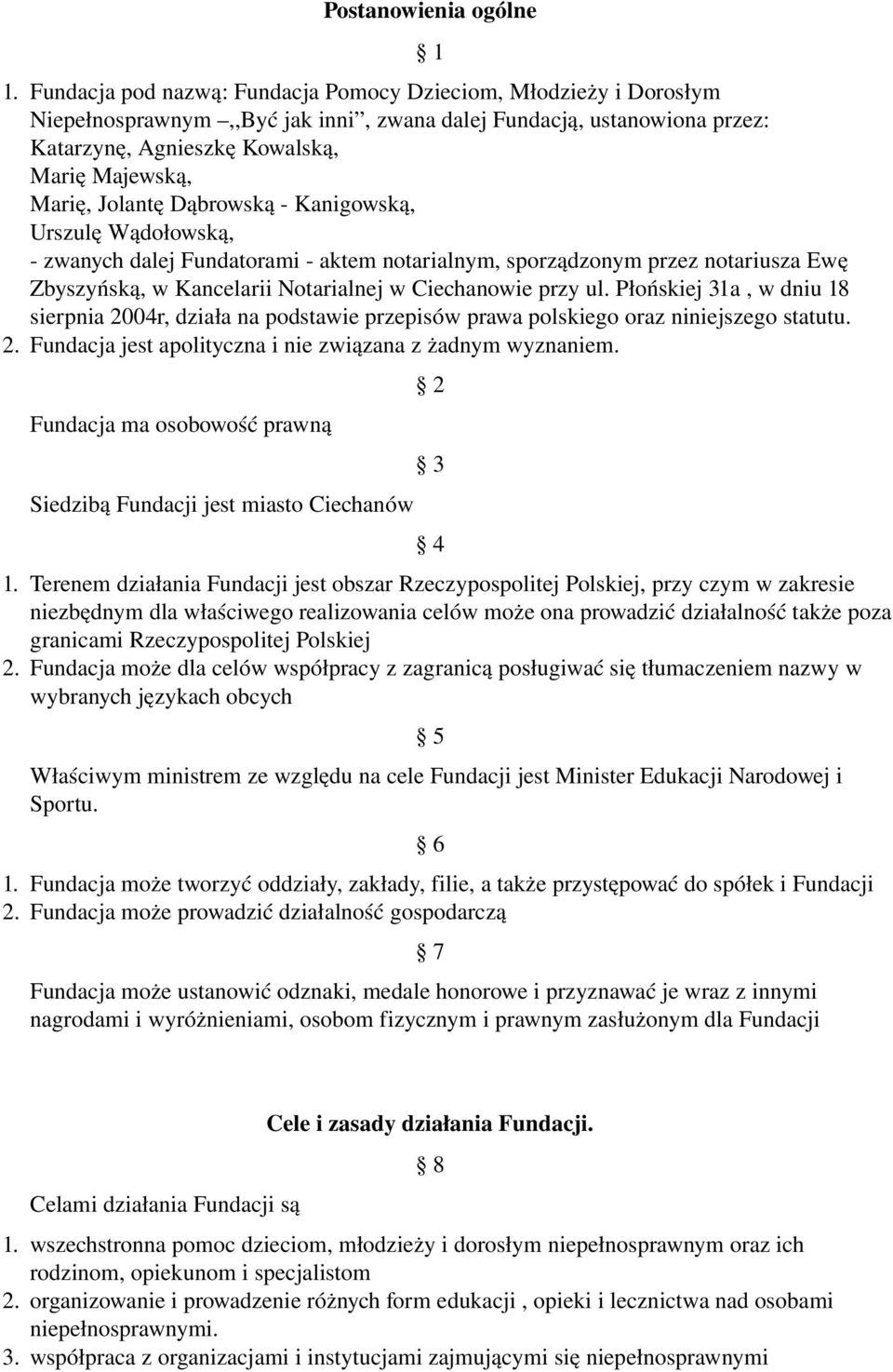 Jolantę Dąbrowską Kanigowską, Urszulę Wądołowską, zwanych dalej Fundatorami aktem notarialnym, sporządzonym przez notariusza Ewę Zbyszyńską, w Kancelarii Notarialnej w Ciechanowie przy ul.