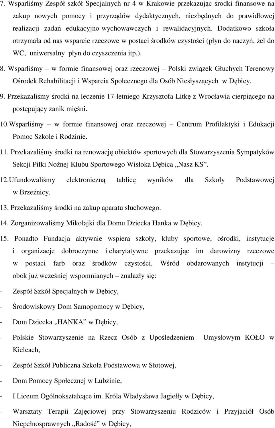 Wsparlimy w formie finansowej oraz rzeczowej Polski zwizek Głuchych Terenowy Orodek Rehabilitacji i Wsparcia Społecznego dla Osób Niesłyszcych w Dbicy. 9.