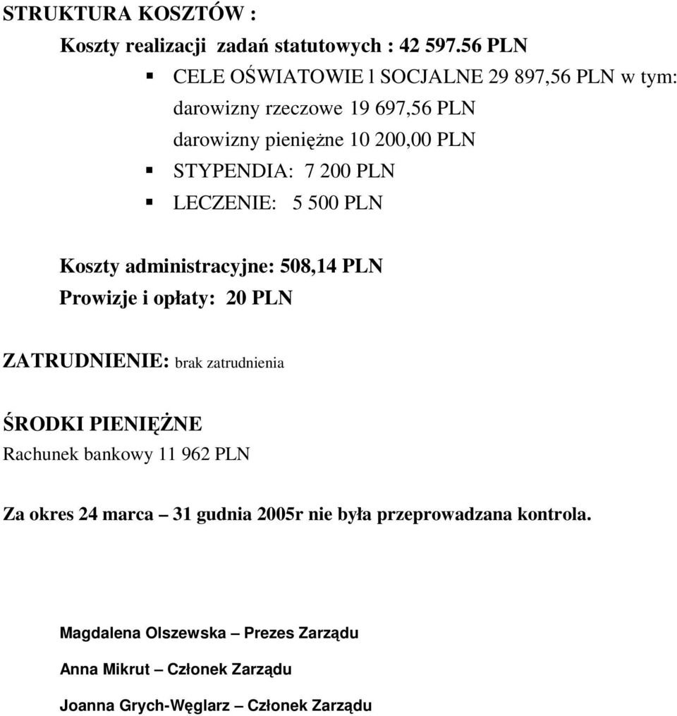 7 200 PLN LECZENIE: 5 500 PLN Koszty administracyjne: 508,14 PLN Prowizje i opłaty: 20 PLN ZATRUDNIENIE: brak zatrudnienia RODKI