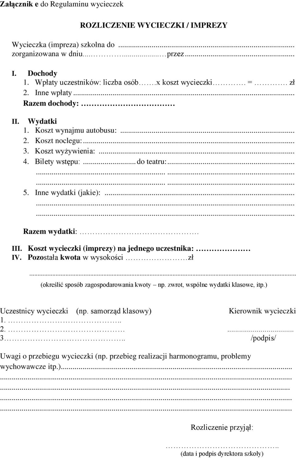 Inne wydatki (jakie):......... Razem wydatki:. III. Koszt wycieczki (imprezy) na jednego uczestnika: IV. Pozostała kwota w wysokości zł... (określić sposób zagospodarowania kwoty np.