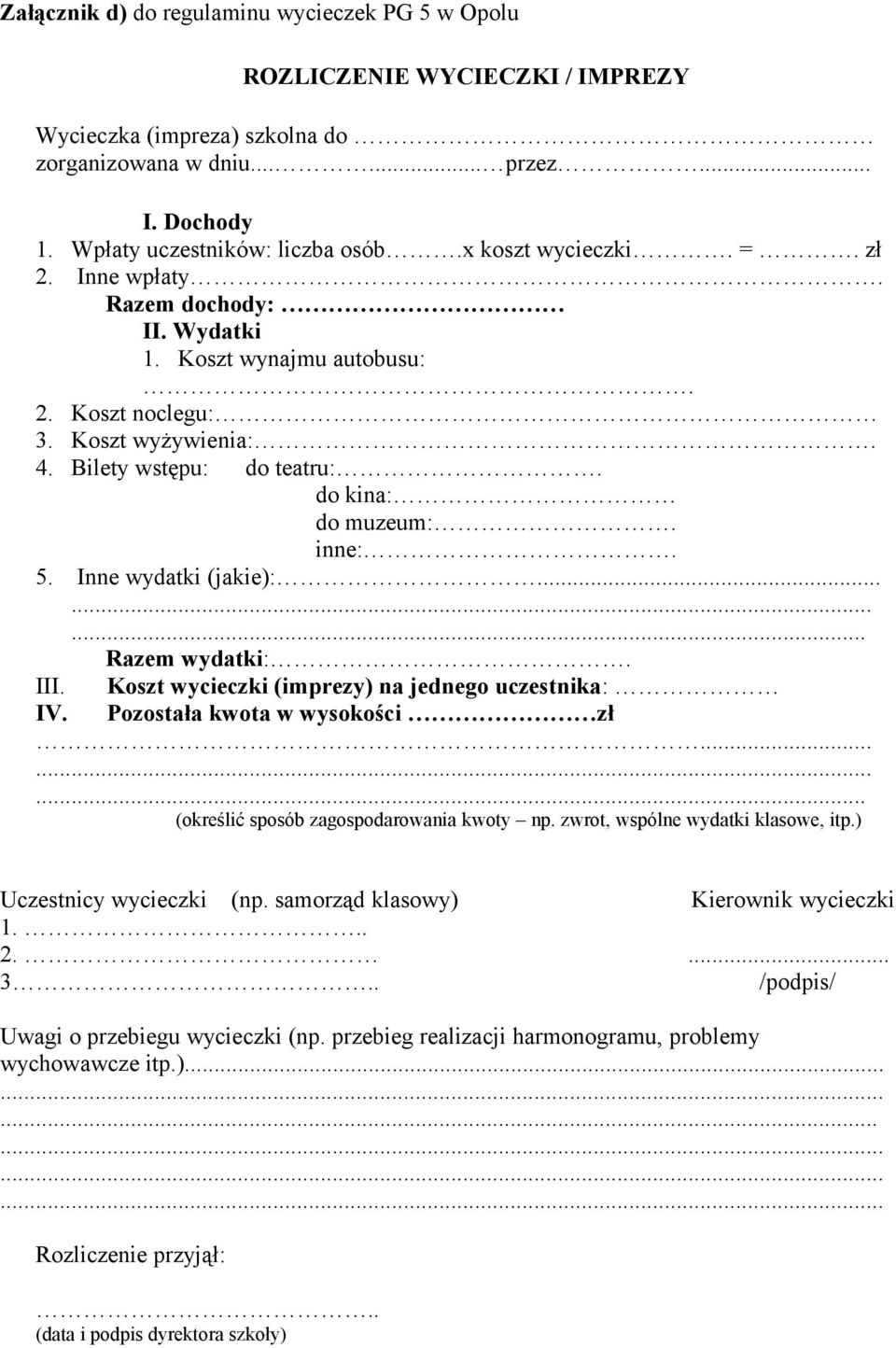 Inne wydatki (jakie):......... Razem wydatki:. III. Koszt wycieczki (imprezy) na jednego uczestnika: IV. Pozostała kwota w wysokości zł......... (określić sposób zagospodarowania kwoty np.