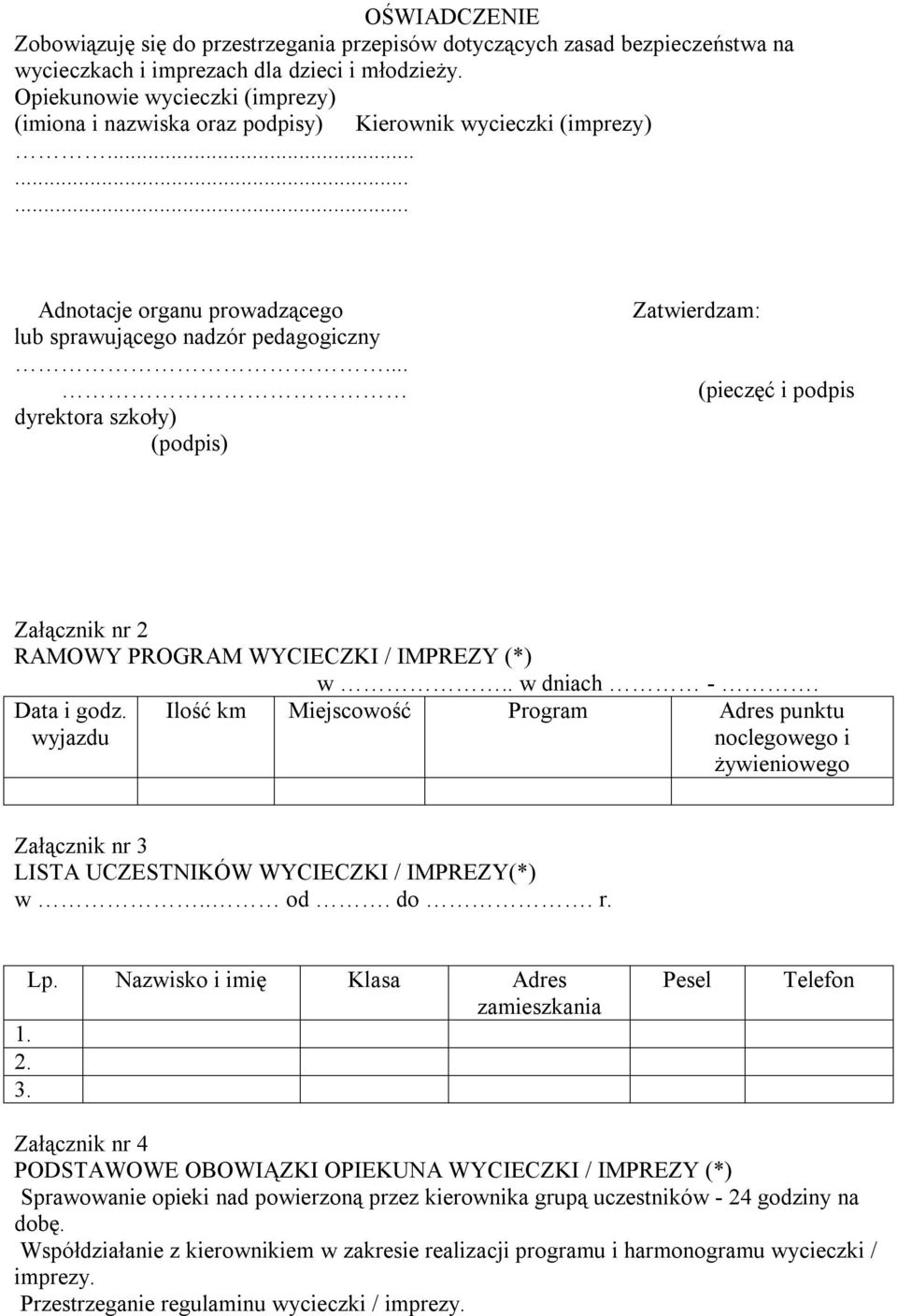 .. dyrektora szkoły) (podpis) Zatwierdzam: (pieczęć i podpis Załącznik nr 2 RAMOWY PROGRAM WYCIECZKI / IMPREZY (*) Data i godz. wyjazdu w.. w dniach -.