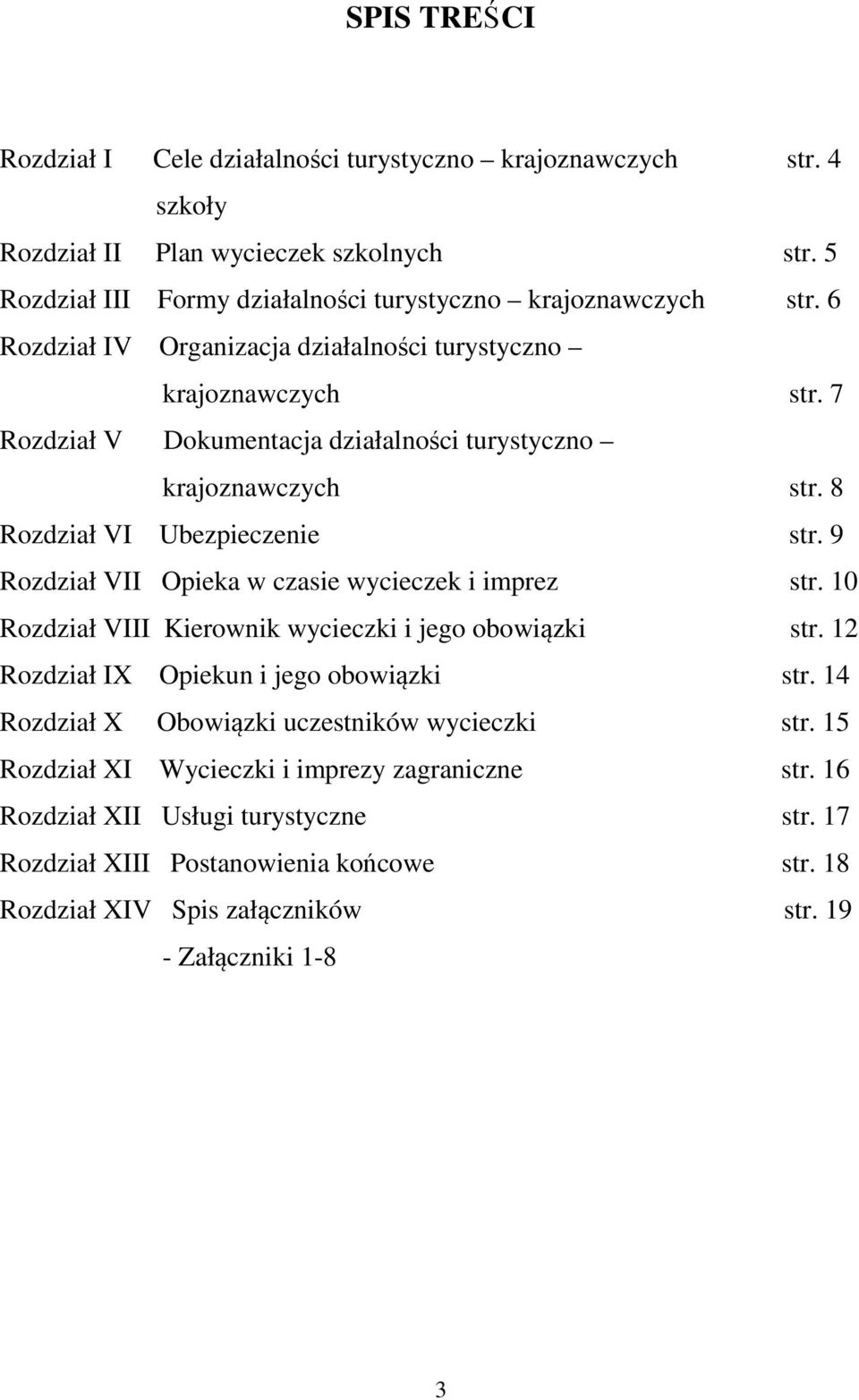 9 Rozdział VII Opieka w czasie wycieczek i imprez str. 10 Rozdział VIII Kierownik wycieczki i jego obowiązki str. 12 Rozdział IX Opiekun i jego obowiązki str.