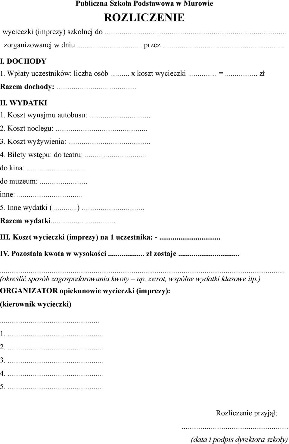 Inne wydatki (...)... Razem wydatki... III. Koszt wycieczki (imprezy) na 1 uczestnika: -... IV. Pozostała kwota w wysokości... zł zostaje...... (określić sposób zagospodarowania kwoty np.