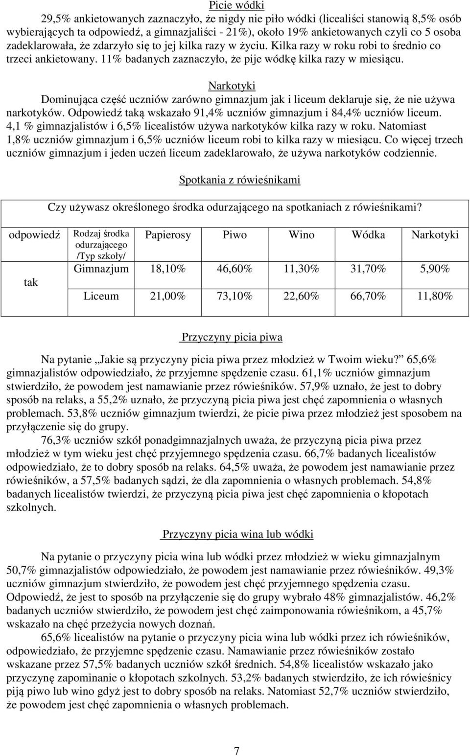 Narkotyki Dominująca część uczniów zarówno gimnazjum jak i liceum deklaruje się, że nie używa narkotyków. Odpowiedź taką wskazało 91,4% uczniów gimnazjum i 84,4% uczniów liceum.