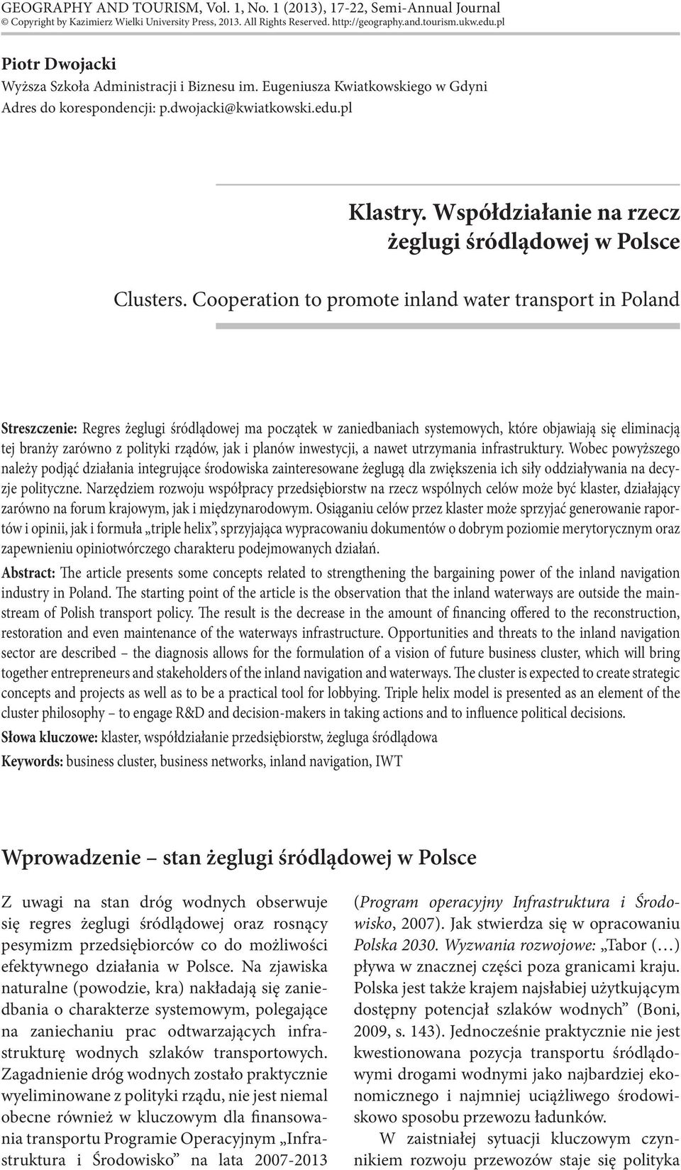 Współdziałanie na rzecz żeglugi śródlądowej w Polsce Clusters.