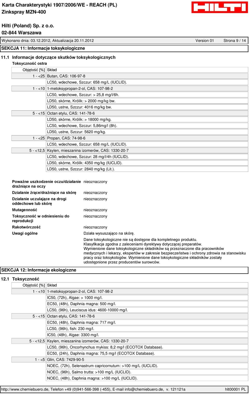 5 - <15 Octan etylu, CAS: 141-78-6 LD50, skórne, Królik: > 18000 mg/kg. LC50, wdechowe, Szczur: 5,86mg/l (8h). LD50, ustne, Szczur: 5620 mg/kg.