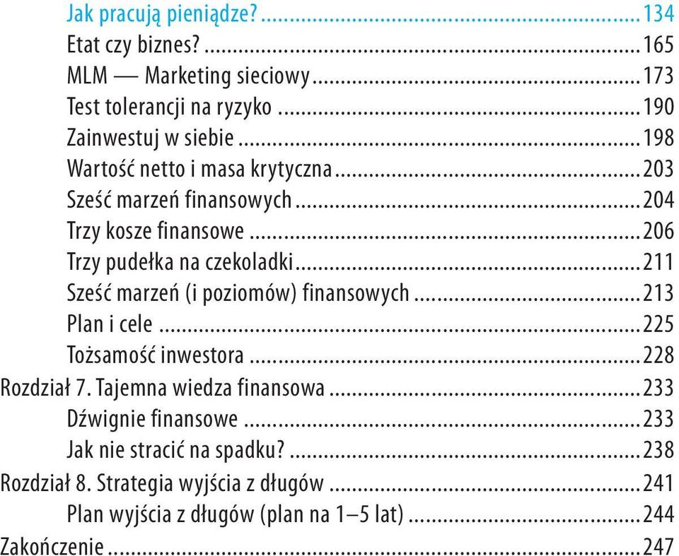 ..211 Sześć marzeń (i poziomów) finansowych...213 Plan i cele...225 Tożsamość inwestora...228 Rozdział 7. Tajemna wiedza finansowa.