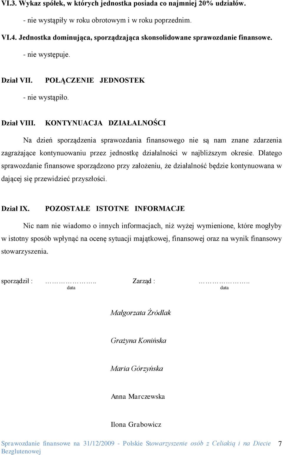 KONTYNUACJA DZIAŁALNOŚCI Na dzień sporządzenia sprawozdania finansowego nie są nam znane zdarzenia zagrażające kontynuowaniu przez jednostkę działalności w najbliższym okresie.