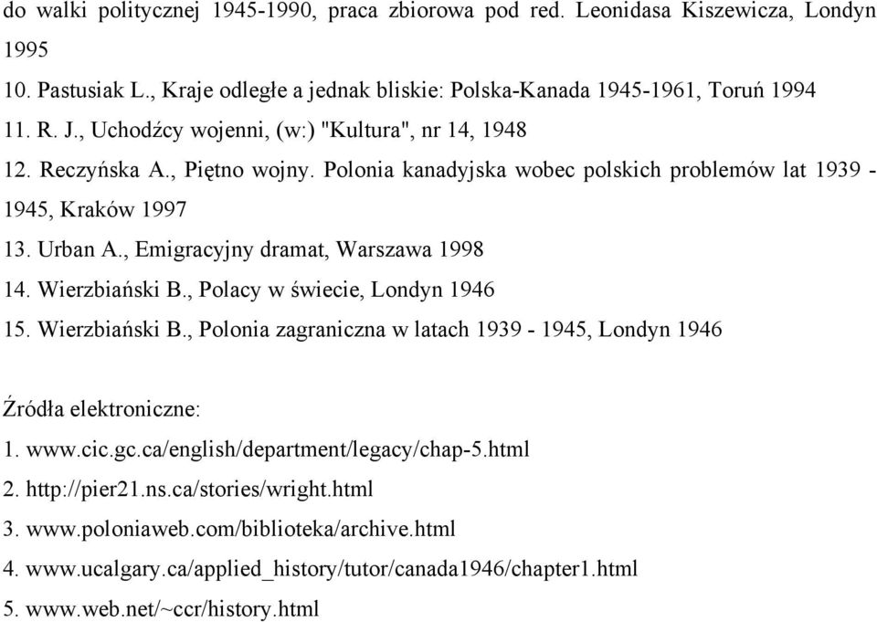 , Emigracyjny dramat, Warszawa 1998 14. Wierzbiański B., Polacy w świecie, Londyn 1946 15. Wierzbiański B., Polonia zagraniczna w latach 1939-1945, Londyn 1946 Źródła elektroniczne: 1. www.cic.