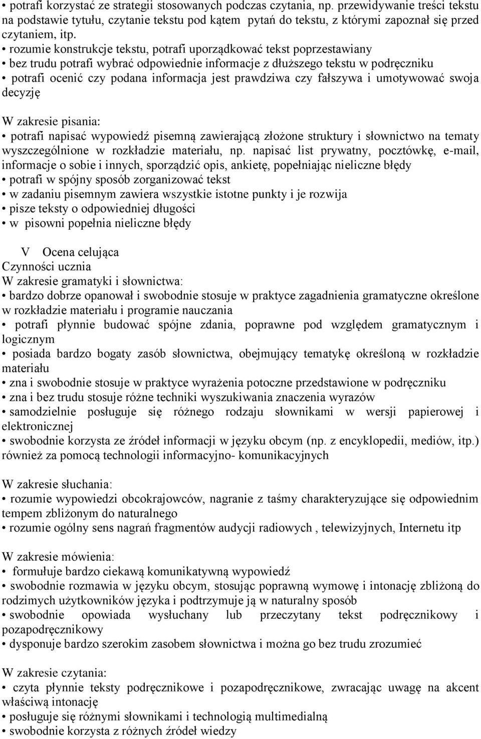 rozumie konstrukcje tekstu, potrafi uporządkować tekst poprzestawiany bez trudu potrafi wybrać odpowiednie informacje z dłuższego tekstu w podręczniku potrafi ocenić czy podana informacja jest