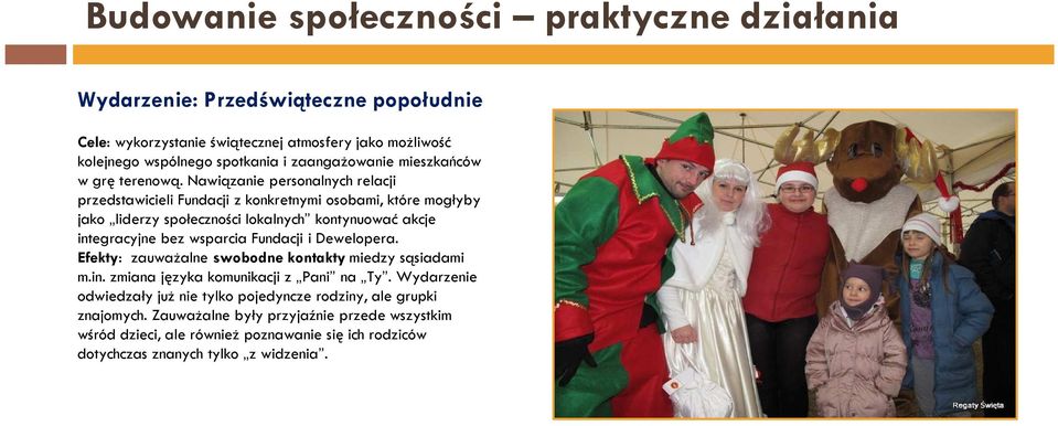 wsparcia Fundacji i Dewelopera. Efekty: zauważalne swobodne kontakty miedzy sąsiadami m.in. zmiana języka komunikacji z Pani na Ty.