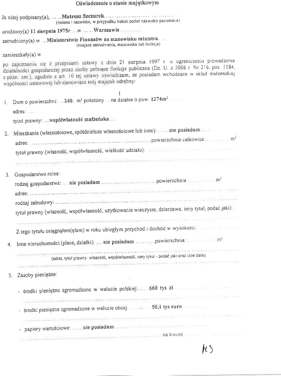 dl zamieszkaly(a) tt 2l sierpnia l99t r o ogranlczcniu prc\aadzcnra (cje publiczne (Dz U z 2006 r Nr 2l6 poz li8l' rzam, 2e posiadam wchodzqce w sklad nalzensklel drqbny: I I Dom o powierzchni: 240