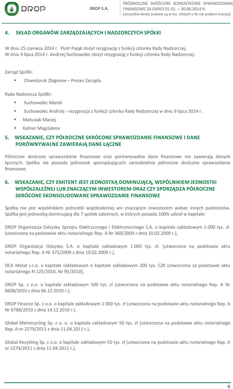 Zarząd Spółki: Chwedoruk Zbigniew Prezes Zarządu Rada Nadzorcza Spółki: Suchowolec Marek Suchowolec Andrzej - rezygnacja z funkcji członka Rady Nadzorczej w dniu 9 lipca 2014 r.