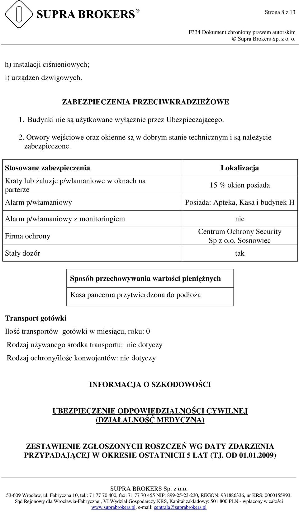 Stosowane zabezpieczenia Kraty lub żaluzje p/włamaniowe w oknach na parterze Alarm p/włamaniowy Alarm p/włamaniowy z monitoringiem Firma ochrony Stały dozór Lokalizacja 15 % okien posiada Posiada: