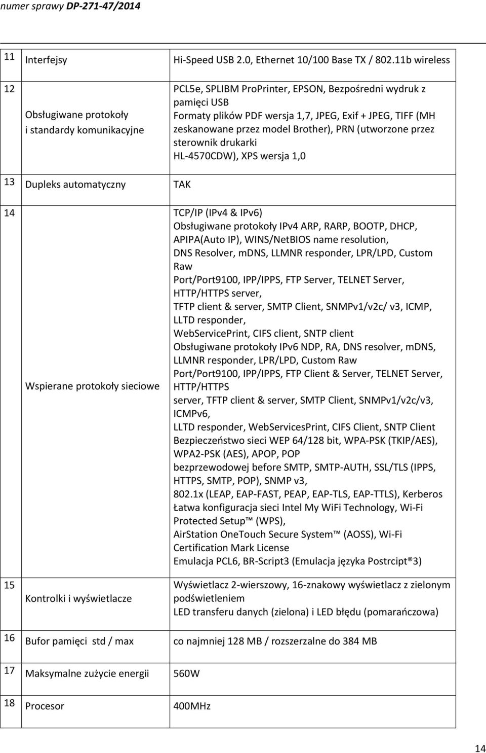 zeskanowane przez model Brother), PRN (utworzone przez sterownik drukarki HL-4570CDW), XPS wersja 1,0 13 Dupleks automatyczny TAK 14 15 Wspierane protokoły sieciowe Kontrolki i wyświetlacze TCP/IP