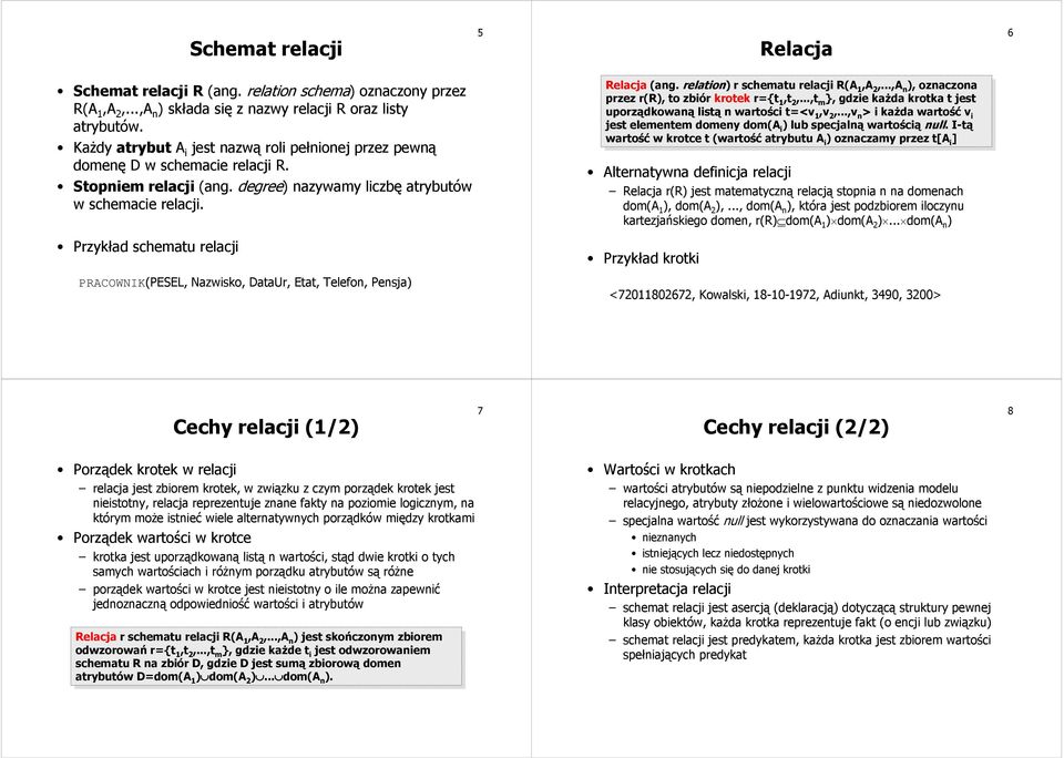 degree azywamy lczbę atrybutów w schemace relacj. Relacja (ag. (ag. relato r r schematu relacj relacj R(A R(A,A,A,, ozaczoa przez przez r(r, r(r, to to zbór zbór krotek krotekr={t r={t,t,t