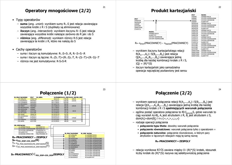 dfferece: wykem różcy R-S jest relacja zawerająca te krotk z R, które e ależą do S Cechy operatorów suma loczy są komutatywe: R S=S R, R S=S R suma loczy są łącze: R (S T=(R S T, R (S T=(R S T różca