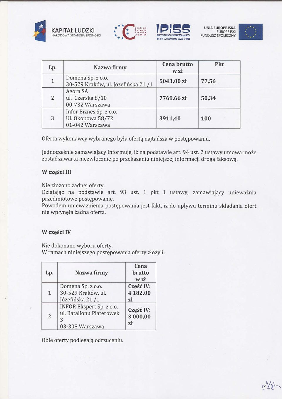 Jednoczesnie zamawiaj4cy informuje, i na podstawie art. 94 ust. ustawy umowa moze zostad zawarta niezwlocznie po peekazaniu niniejszej informacji drog4 faksow4. W czesci III Nie ozono Zadnej oferty.