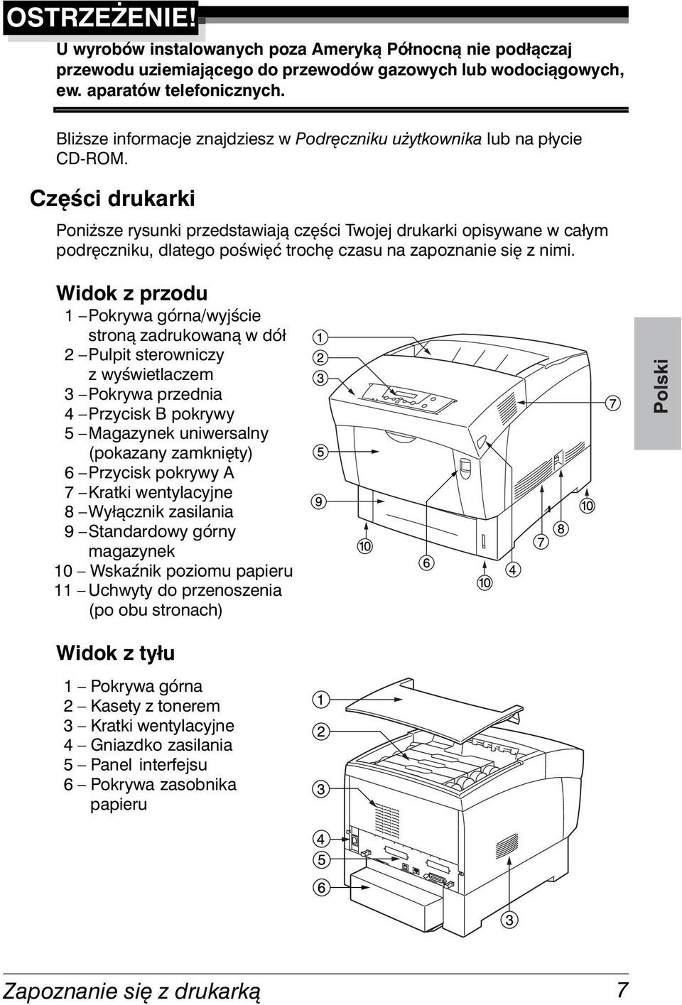 Części drukarki Poniższe rysunki przedstawiają części Twojej drukarki opisywane w całym podręczniku, dlatego poświęć trochę czasu na zapoznanie się z nimi.