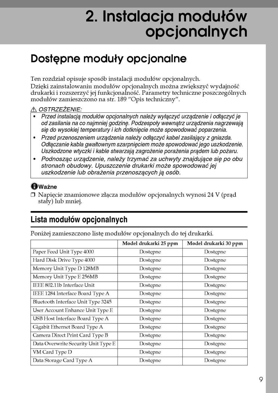 R OSTRZEÅENIE: Przed instalacjà moduâów opcjonalnych naleåy wyâàczyæ urzàdzenie i odâàczyæ je od zasilania na co najmniej godzinê.