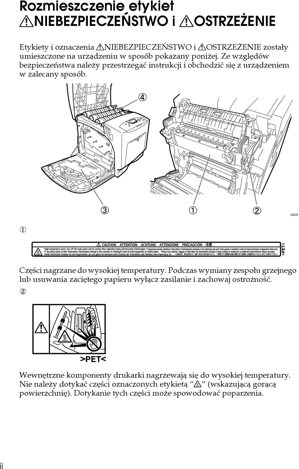 AQC0 Czêãci nagrzane do wysokiej temperatury. Podczas wymiany zespoâu grzejnego lub usuwania zaciêtego papieru wyâàcz zasilanie i zachowaj ostroånoãæ.