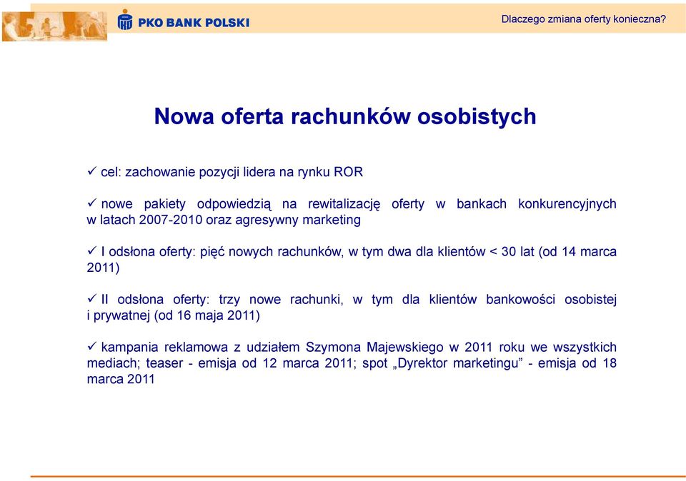 konkurencyjnych w latach 2007-2010 oraz agresywny marketing I odsłona oferty: pięć nowych rachunków, w tym dwa dla klientów < 30 lat (od 14 marca