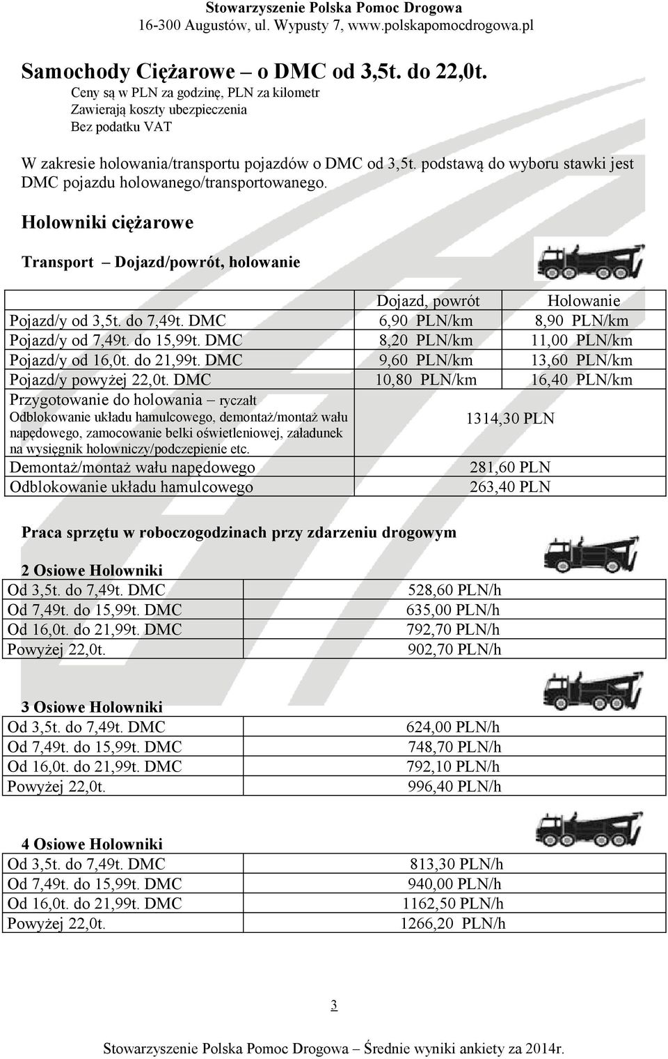 DMC 6,90 PLN/km 8,90 PLN/km Pojazd/y od 7,49t. do 15,99t. DMC 8,20 PLN/km 11,00 PLN/km Pojazd/y od 16,0t. do 21,99t. DMC 9,60 PLN/km 13,60 PLN/km Pojazd/y powyżej 22,0t.