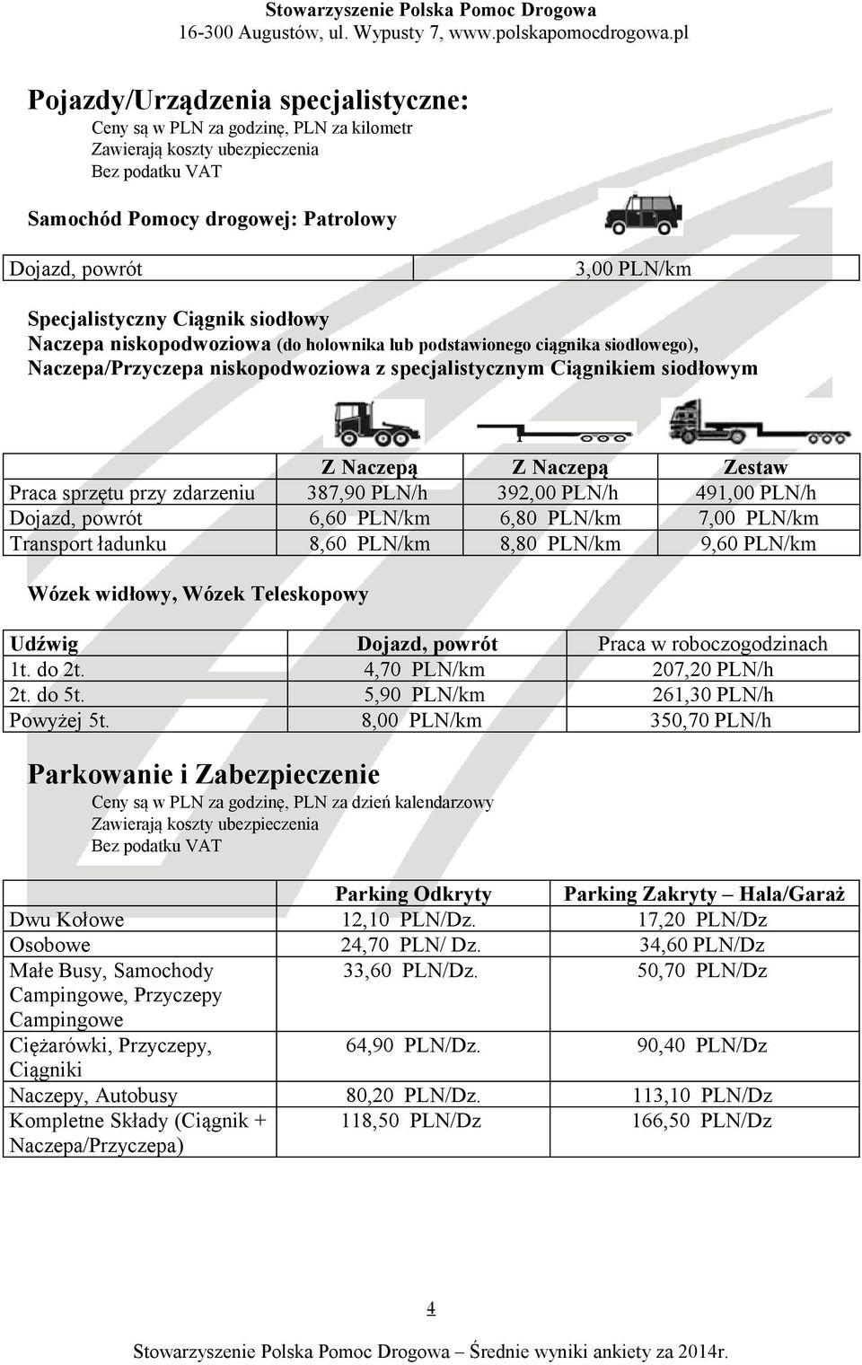 Naczepą Zestaw Praca sprzętu przy zdarzeniu 387,90 PLN/h 392,00 PLN/h 491,00 PLN/h Dojazd, powrót 6,60 PLN/km 6,80 PLN/km 7,00 PLN/km Transport ładunku 8,60 PLN/km 8,80 PLN/km 9,60 PLN/km Wózek