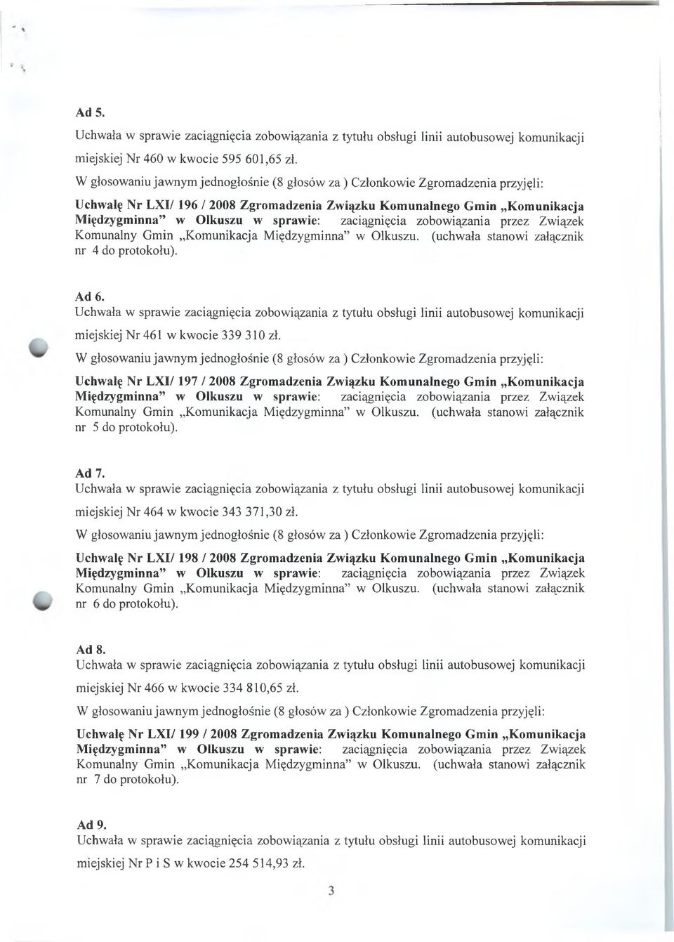 zaciągnięcia zobow iązania przez Związek Komunalny Gmin Komunikacja M iędzygminna w Olkuszu, (uchwała stanowi załącznik nr 4 do protokołu). Ad 6.