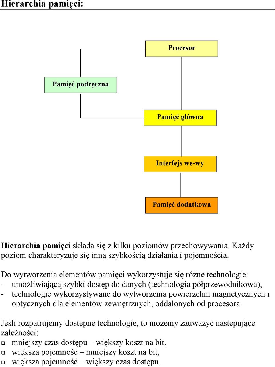 Do wytworzenia elementów pamięci wykorzystuje się różne technologie: - umożliwiającą szybki dostęp do danych (technologia półprzewodnikowa), - technologie wykorzystywane do