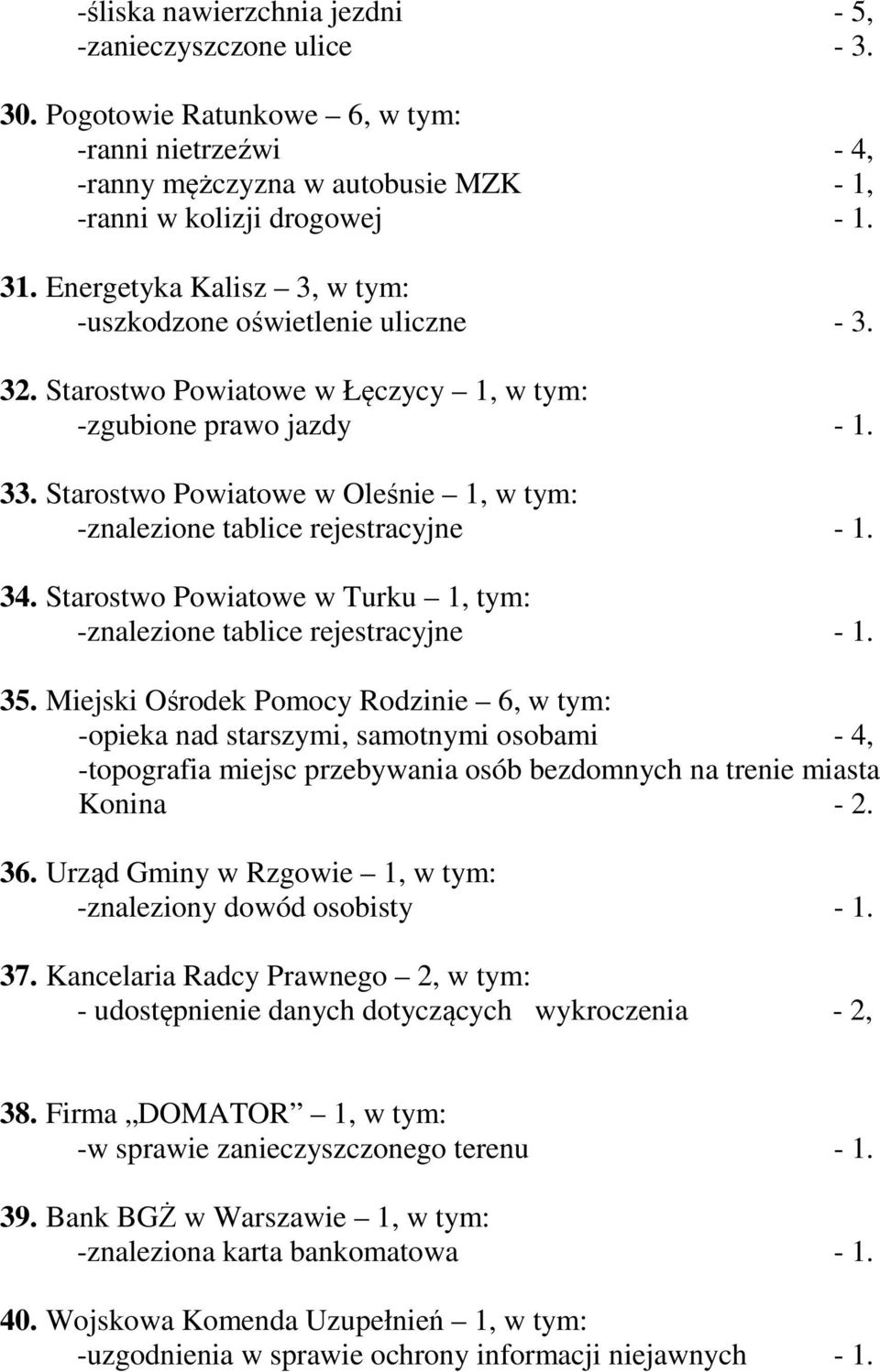 Starostwo Powiatowe w Oleśnie 1, w tym: -znalezione tablice rejestracyjne - 1. 34. Starostwo Powiatowe w Turku 1, tym: -znalezione tablice rejestracyjne - 1. 35.