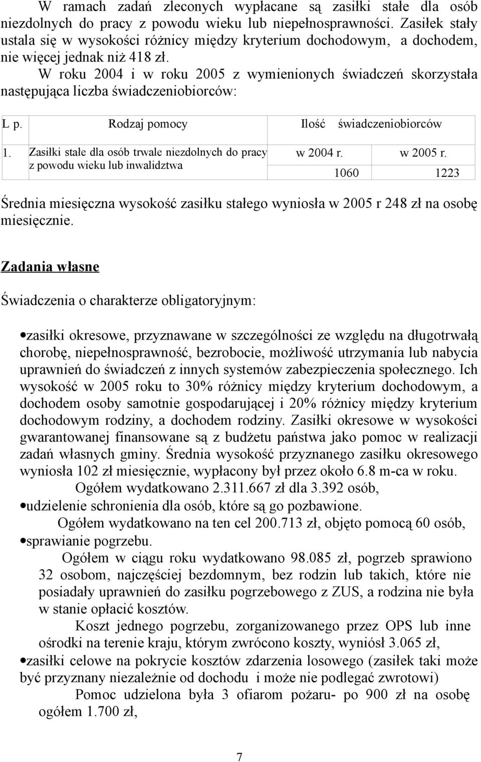 W roku 2004 i w roku 2005 z wymienionych świadczeń skorzystała następująca liczba świadczeniobiorców: L p. Rodzaj pomocy Ilość świadczeniobiorców 1.