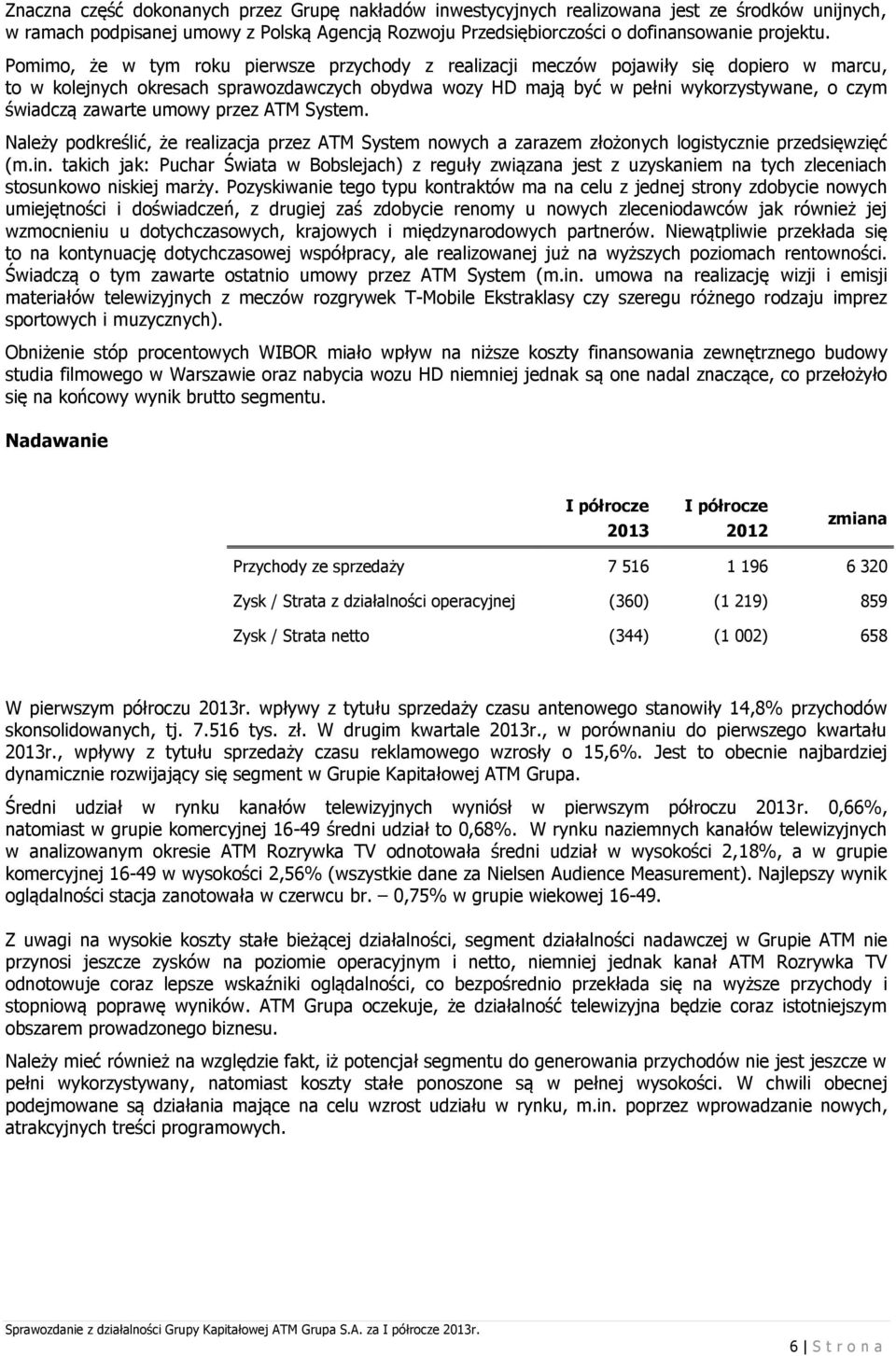 zawarte umowy przez ATM System. Należy podkreślić, że realizacja przez ATM System nowych a zarazem złożonych logistycznie przedsięwzięć (m.in.